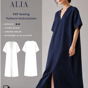 May include: A digital PDF sewing pattern for the Alia dress, featuring instructions, 15 sizes from 30-58 EU, and A4, A0, and US letter formats. The design is a navy blue, short-sleeved, V-neck dress with a front slit, shown in a technical line drawing.