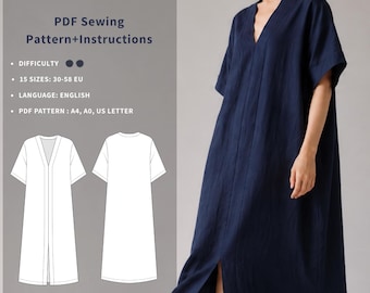 Patrón de costura para vestido de mujer con escote en V, corte holgado y mangas cortas (PDF)