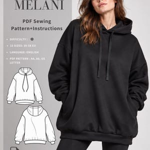 Puede incluir: Una sudadera negra de manga larga con capucha, cordón ajustable y bolsillos delanteros. La imagen incluye el texto: HOODIE MELANI PDF Sewing Pattern+Instructions, 15 SIZES: 30-58 EU, LANGUAGE: ENGLISH, PDF PATTERN: A4, A0, US LETTER, y un dibujo.
