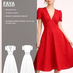 FAYA Dress Sewing Pattern – Elegant Midi Dress, Gathered Bodice, Flared Skirt (PDF Download)