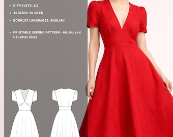 Patrón de costura FAYA para vestido: elegante vestido midi con corpiño fruncido y falda acampanada (descarga en PDF).