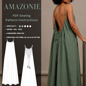 May include: A PDF sewing pattern for the Amazonie dress, featuring instructions, eight sizes from XXS to XXXL, and printable A0, A4, and US letter formats. The design is a floor-length, olive green, backless dress with thin straps and a tie closure.