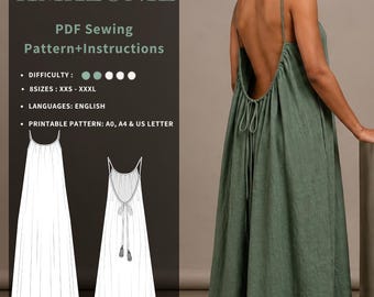 Patrón de costura en PDF para vestido largo / Vestido de verano con espalda descubierta / Amazonie