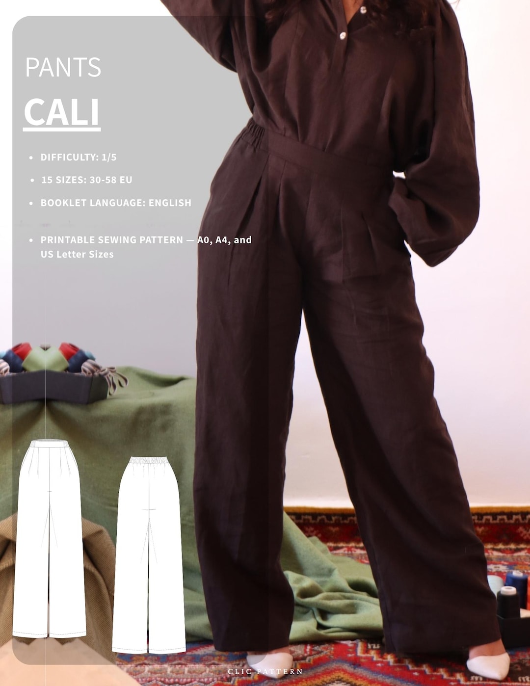CALI Pants Sewing Pattern: Wide Leg, Elastic Waist Trousers (PDF ...
