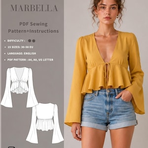 Puede incluir: Un patrón de costura en PDF para una blusa de manga larga color amarillo mostaza con escote en V profundo, cierre de lazo frontal y mangas acampanadas. Incluye instrucciones, 15 tallas de 30-58 EU y formatos para papel A4, A0 y US letter.