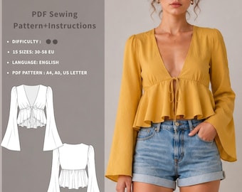 Peplum Top Sewing Pattern for Women | V-Neck Tie-Front PDF | Long Flared Sleeves |  Marbella