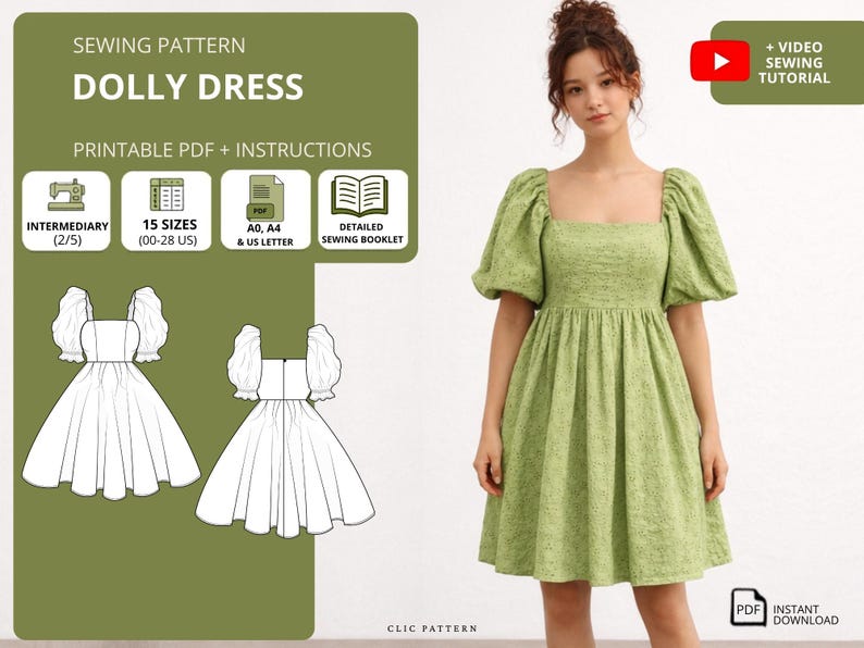 DOLLY Dress Sewing Pattern: Square Neck Puff Sleeve Mini Dress (PDF ...