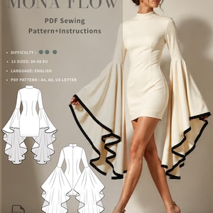 Patrón de costura en PDF para vestido de mujer / Manga acampanada con volantes / Cuello alto / Largo mini / MONA FLOW