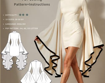 Patrón de costura en PDF para vestido de mujer / Manga acampanada con volantes / Cuello alto / Largo mini / MONA FLOW