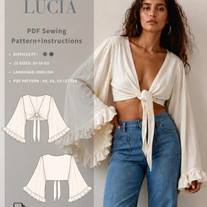 Women's Bell Sleeve, Tie Front Crop Top, PDF Sewing Pattern l EU30-58 l Lucia