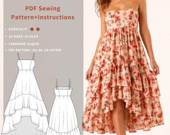 Patrón de costura para vestido ELLA: Maxi asimétrico con volantes (Descarga en PDF)