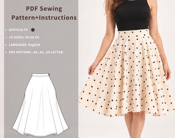 Patrón de costura en PDF para falda circular midi – Cintura alta, apto para principiantes (descarga digital), CIA