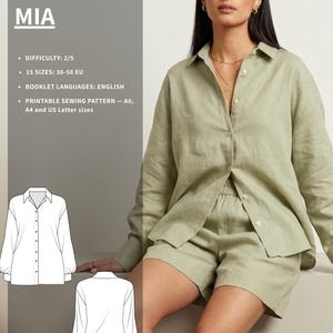Könnte beinhalten: Eine Frau trägt eine hellgrüne Leinenbluse und Shorts. Das Bild zeigt ein Schnittmuster mit dem Text "BLOUSE MIA", Schwierigkeitsgrad, Größenbereich und Broschürensprache. Das Muster ist in den Größen A0, A4 und US Letter erhältlich.