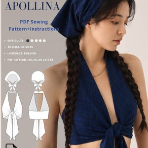 May include: A PDF sewing pattern for the Apollina top, featuring instructions for a tie-front halter top and matching headscarf. The digital file includes 15 sizes from 30-58 EU, with A4, A0, and US Letter formats available for instant download.