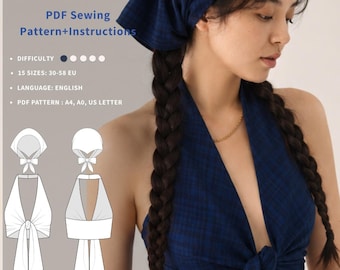 Patrón de costura para top halter sin espalda, PDF con lazo frontal, fácil de hacer tú mismo, imprimible para verano.