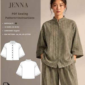 Può includere: Un cartamodello PDF per la camicetta Jenna, con dettagli testuali, 15 taglie dalla 30 alla 58 EU e disegni tecnici del davanti e del dietro. La camicetta è verde oliva con righe verticali bianche, colletto alla coreana e bottoni frontali.