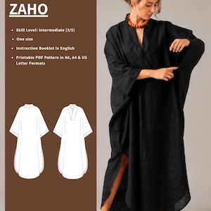 Può includere: Un cartamodello per caftano intitolato CAFTAN ZAHO. Il design presenta uno scollo a V, maniche ampie e spacchi laterali. Il prodotto digitale include un libretto di istruzioni in inglese e un cartamodello PDF stampabile in A0, A4 e US Letter.