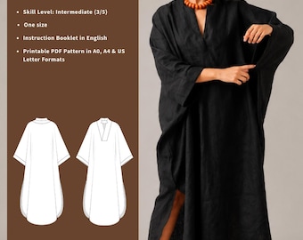 Patrón de costura para caftán: Vestido midi moderno de corte holgado con escote en V (descarga en PDF) - ZAHO