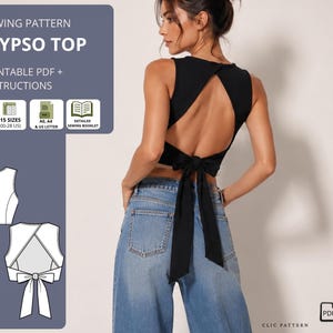 Könnte beinhalten: Ein schwarzes ärmelloses bauchfreies Oberteil mit offenem Rücken und Bindeband, kombiniert mit einer blauen Jeans. Das Bild enthält Text für ein Schnittmuster namens Calypso Top mit druckbarer PDF-Anleitung, 15 Größen und einem Nähheft.
