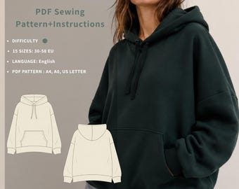Women's Hoodie Sewing Pattern PDF, Easy Pullover with Kangaroo Pocket, Sizes 30-58 EU, Verna