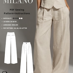 Peut inclure: Un patron de couture PDF pour le pantalon Milano, avec le texte PANTS MILANO, PDF Sewing Pattern+Instructions, 15 SIZES: 30-58 EU et PDF INSTANT DOWNLOAD. L'image montre un dessin technique de pantalon large et un vêtement en lin beige.