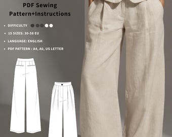 Patrón de costura en PDF para pantalones de pierna ancha para mujer / Cintura alta / Pantalones MILANO / 15 tallas