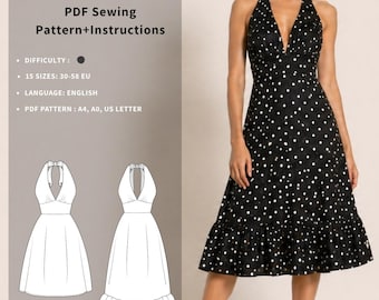 SOLEA Neckholder-Kleid, ausgestellter Rock, Schnittmuster (15 Größen) (PDF-Download)