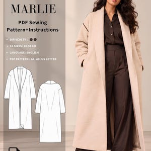 Könnte beinhalten: Ein beigefarbener langer Mantel mit Schalkragen und langen Ärmeln. Der Text lautet: COAT MARLIE PDF Sewing Pattern+Instructions. DIFFICULTY: 2 dots. 15 SIZES: 30-58 EU. LANGUAGE: ENGLISH. PDF PATTERN: A4, A0, US LETTER. PDF INSTANT DOWNLOAD. CLIC PATTERN.