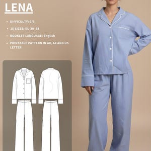 May include: A light blue pajama set, including a button-down shirt and matching pants, with white trim. The image also shows a pattern for the "LENA" pajama set, with details on difficulty, sizes, and printable pattern formats.