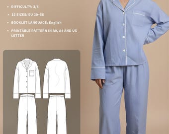 Conjunto de pijama LENA en PDF. Patrón de costura para pijama cómodo y elegante. Descarga instantánea. 15 tallas.