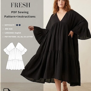 May include: A black tiered dress with a V-neckline and ruffled sleeves. The image includes text: DRESS FRESH PDF Sewing Pattern+Instructions, DIFFICULTY, ONE SIZE, LANGUAGE: English, PDF PATTERN: A4, A0, US LETTER, and PDF INSTANT DOWNLOAD.