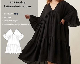 Patrón de costura en PDF para vestido bohemio extragrande, escote en V con volantes, manga con volantes, talla única.