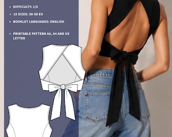 Patrón de costura Calypso Top, Top corto sin espalda con lazo, PDF para principiantes (15 tallas)