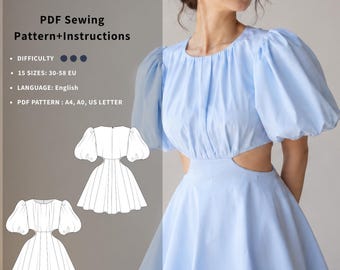 Patrón de costura en PDF para vestido con mangas abullonadas - Corte ajustado y falda acampanada con cintura descubierta - Descarga digital