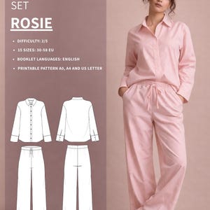 May include: A pink striped pajama set, comprising a collared shirt and drawstring trousers. The image also features a pattern illustration of the pajama set. Text on the image reads "SET ROSIE", "DIFFICULTY: 2/5", and "15 SIZES: 30-58 EU".