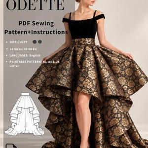 May include: A PDF sewing pattern for the Odette skirt, featuring a high-low hemline with a black and gold floral brocade fabric. The digital file includes instructions, 15 sizes from 30-58 EU, and printable formats in A0, A4, and US Letter.