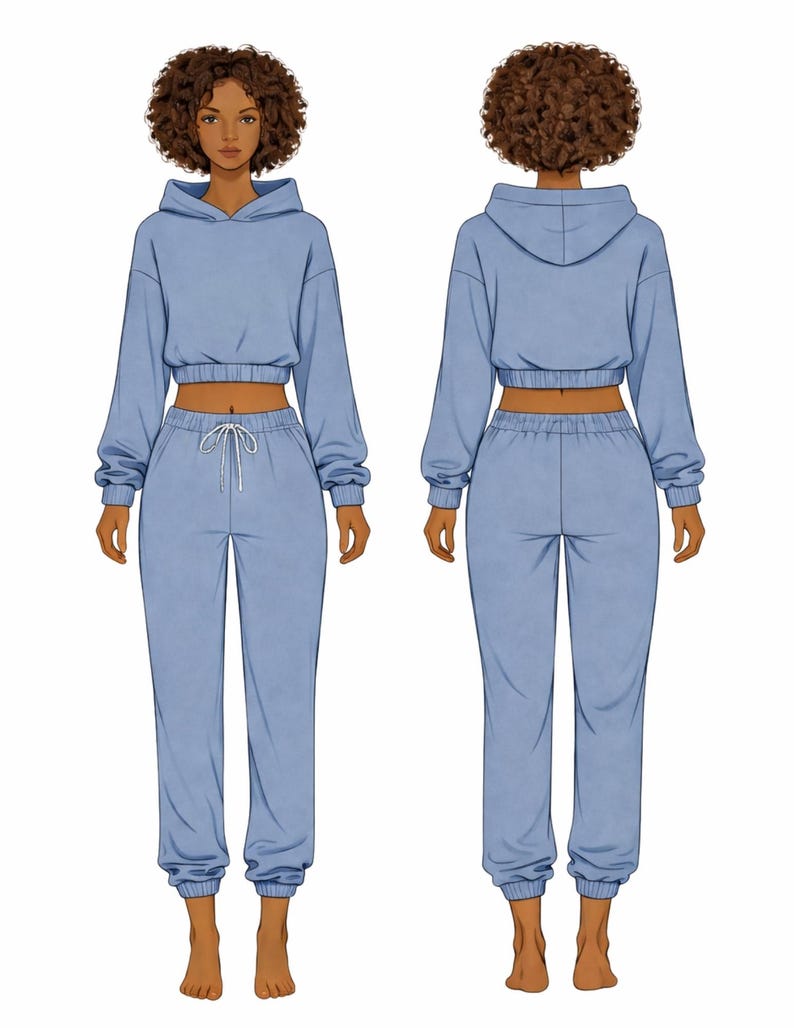 May include: A light blue cropped hoodie and matching sweatpants set. The hoodie has long sleeves and a drawstring hood. The sweatpants have a drawstring waist and cuffed ankles. The outfit is shown on a person from the front and back.