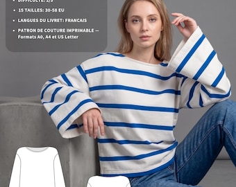 Patrón de costura superior: Blusa extragrande con escote barco y mangas anchas (descarga en PDF) - MOANA