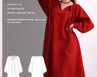 Patrón de costura en PDF para vestido BIANCA, estilo raglán, de corte amplio, estilo midi, con escote en V. Descarga instantánea. 15 tallas disponibles.