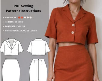 Patrón de costura en PDF para traje de falda: Top corto a medida y falda de talle alto para mujer, 15 tallas.