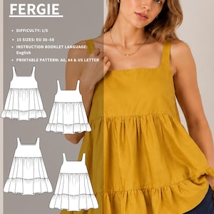 May include: A sewing pattern for a top or dress named Fergie, featuring a mustard yellow sleeveless top with a square neckline and gathered tiered hem. The graphic includes technical line drawings, difficulty level 1/5, 15 sizes from EU 30-58, and English instructions.