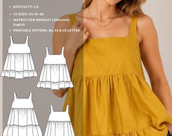 Top babydoll fácil - Patrón de costura en PDF para vestido, top peplum escalonado, para principiantes - FERGIE