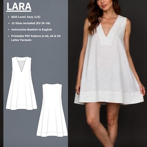 Può includere: Un abito bianco senza maniche con scollo a V e silhouette svasata. L'immagine include una guida al cartamodello digitale intitolata DRESS LARA, che elenca un livello di difficoltà facile, 15 taglie EU 30-58, istruzioni e formati PDF stampabili.