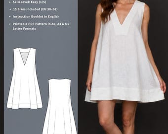 Patrón de costura para vestido: Trapecio, escote en V profundo, sin mangas (descarga en PDF) - LARA