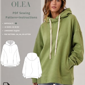 Può includere: Una felpa con cappuccio color verde oliva a maniche lunghe, con tasca a marsupio frontale e lacci color crema. L'immagine include il testo: HOODIE OLEA PDF Sewing Pattern+Instructions, 15 SIZES: 30-58 EU, LANGUAGE: English, PDF PATTERN: A4, A0, US LETTER, e PDF INSTANT DOWNLOAD.