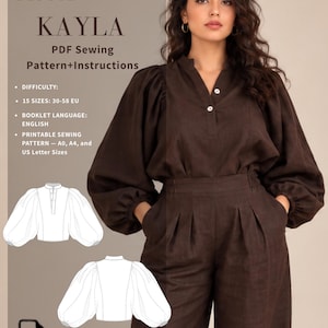 Puff Sleeve Blouse Sewing Pattern | Mandarin Collar PDF|Instant download |Kayla