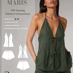 Op de afbeelding: Een digitale naaipatroonset getiteld SET MARIS PDF Sewing Pattern+Instructions. De afbeelding toont een donkergroene haltertop met strikjes aan de voorzijde en een bijpassende short, naast technische lijntekeningen en tekstuele details.