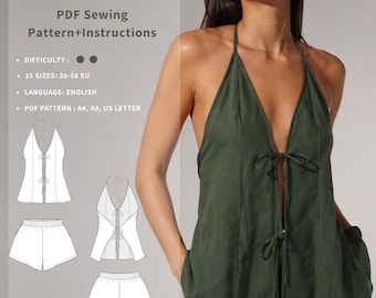 Women's Halter Top & Shorts Sewing Pattern PDF, Backless Summer Set, EU30–58, Maris Set