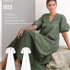 May include: An olive green dress with a V-neck and short, puffed sleeves. The dress is modelled by a person sitting on a neutral-toned surface. The image includes a line drawing of the dress and text that reads "DRESS IRIS".