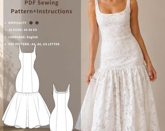 Patrón de costura para vestido con corpiño ajustado, escote cuadrado y falda fruncida (descarga en PDF) ROSALI